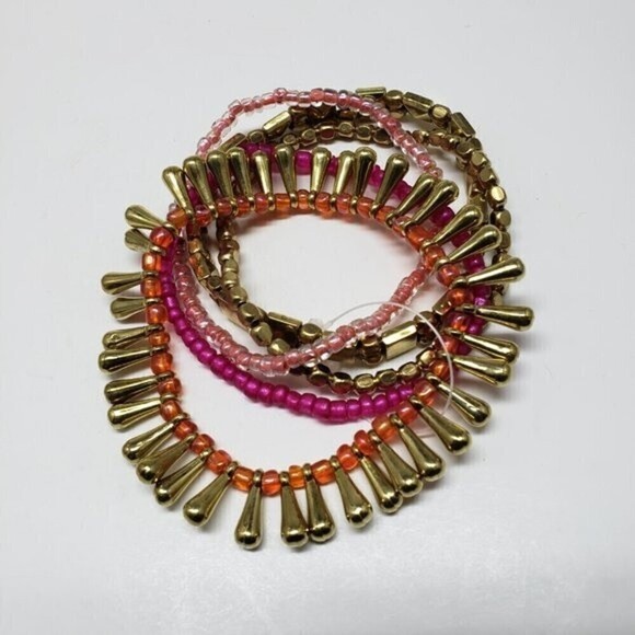Women's Stylish Set of 5 Gold-tone Layered of Colorful Beaded Stretch Bracelets - Picture 6 of 9